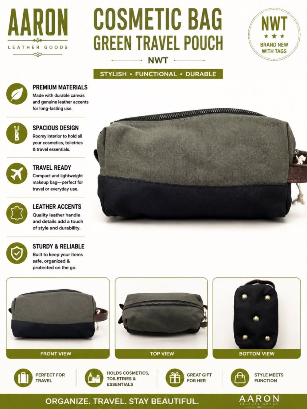 NWT Aaron Leather Goods Green Cosmetic Bag Travel Toiletry Pouch Zip Organizer